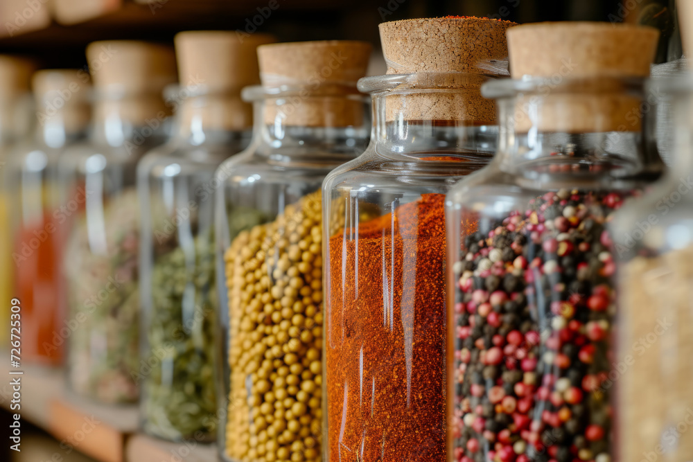 Close-up of a variety of spices and herbs in glass jars on a kitchen shelf. Close-up of a variety of spices and herbs in glass jars on a kitchen shelf.