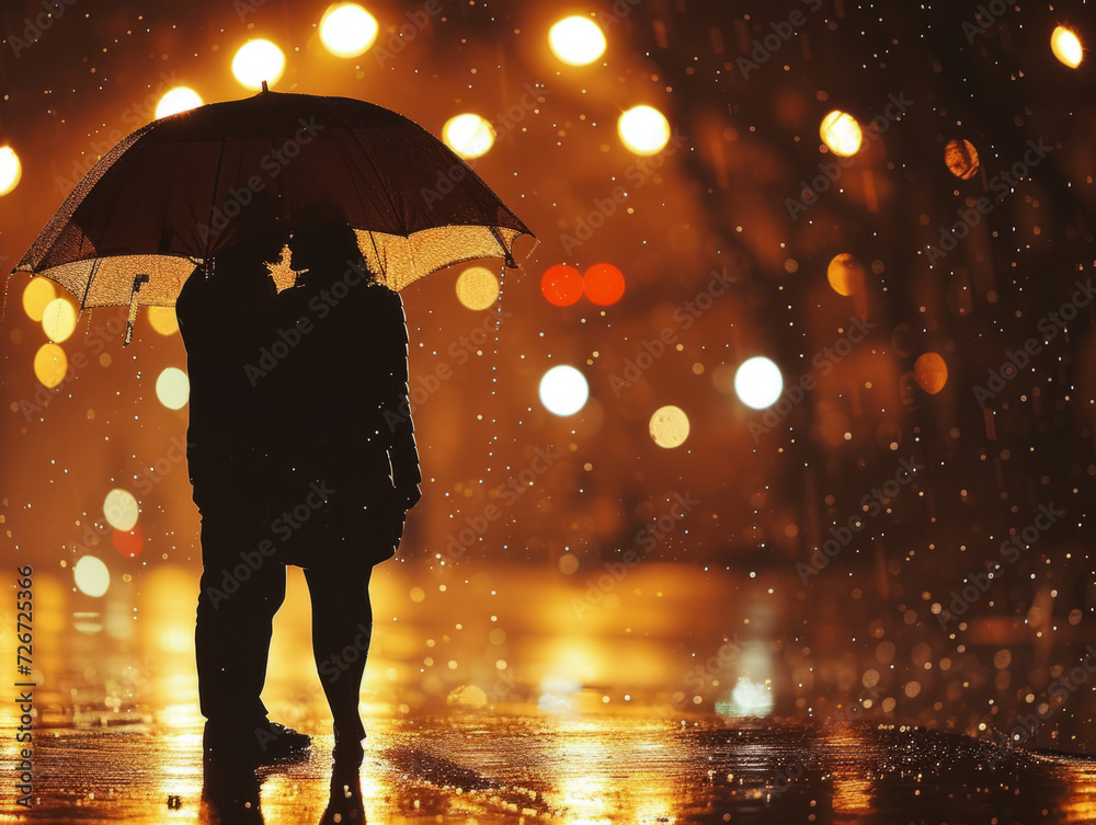 Silhouette of a couple standing under a shared umbrella in the rain. The soft glow of streetlights reflecting on wet pavement adds a touch of magic. A symbol of love enduring through storms.