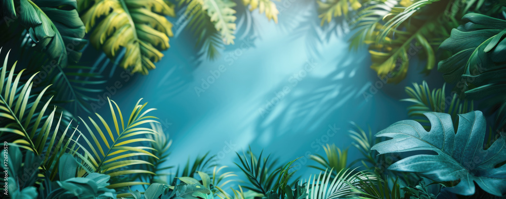 palm leaves and bright natural light on a blue background