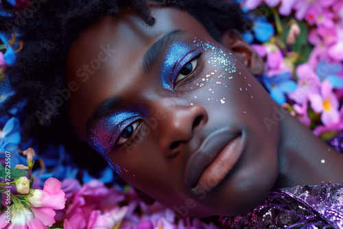 Striking portrait of a man with glitter makeup and flowers Generative AI image photo