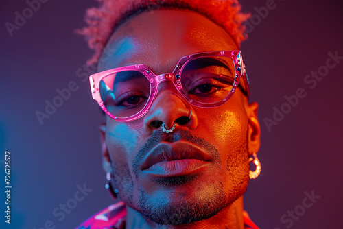Fashion-forward young man with pink sunglasses in neon light Generative AI image photo