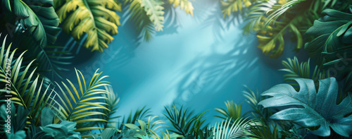 palm leaves and bright natural light on a blue background