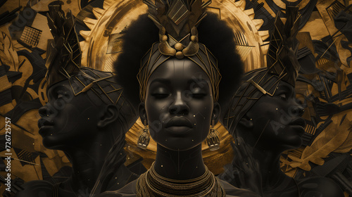 A goddess of African myth with her two servants in golden crown and clothing radiating with beautiful patterns celebrating rich African culture