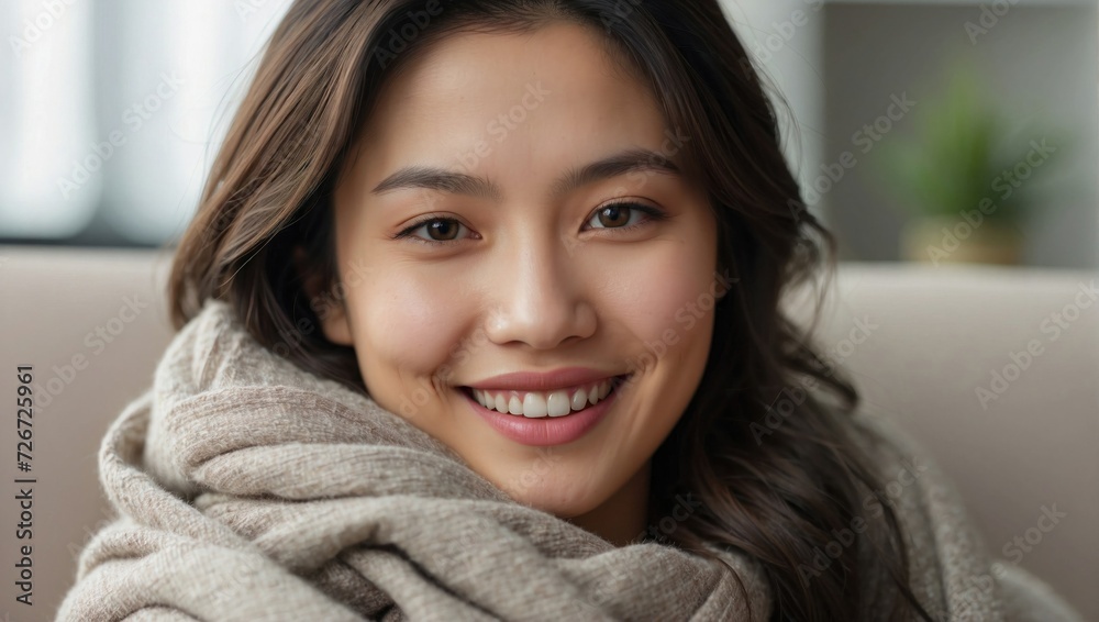 Happy woman with a bright smile, wrapped in a thick grey scarf, sitting indoors with a serene expression and a soft-focus background. Happy woman with a bright smile, wrapped in a thick grey scarf, sitting indoors with a serene expression and a soft-focus background.