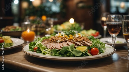 Delicious looking salad and meat plate in a cozy restaurant scene. Generative AI.