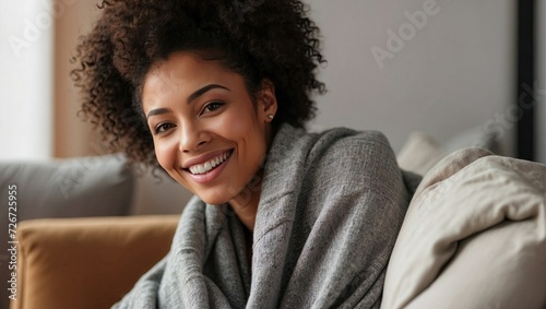 Portrait of a smiling woman wrapped in a cozy grey blanket, sitting comfortably indoors with a cushioned tan sofa in the background. © Tom