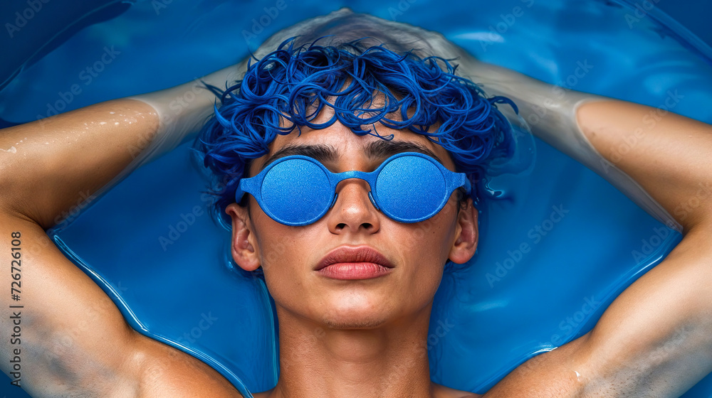 © ADDICTIVE STOCK - Stylish person relaxing in blue pool with matching sunglasses