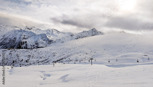 Mountains and skiing in Les Contamines, French alps.