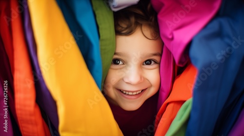 A young child playfully peeks out from behind a rainbow-colored blanket, his eyes filled with curiosity and mischief.