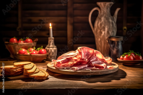 Indulge in the exquisite taste of Italian prosciutto crudo or jamon adorned with fragrant rosemary, a culinary masterpiece capturing the essence of traditional flavors.