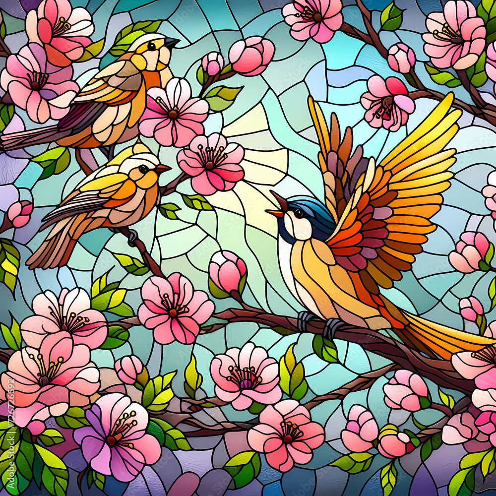 Illustration in stained glass style with spring bright birds on the blooming branches Illustration in stained glass style with spring bright birds on the blooming branches