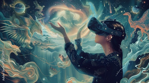 woman touches the cosmos in a surreal virtual reality experience