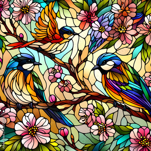 Illustration in stained glass style with spring bright birds on the blooming branches