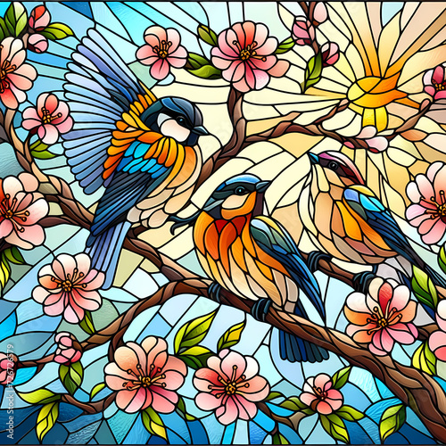 Illustration in stained glass style with spring bright birds on the blooming branches © julimur