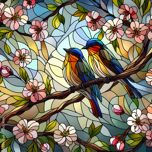 Illustration in stained glass style with spring bright birds on the blooming branches © julimur