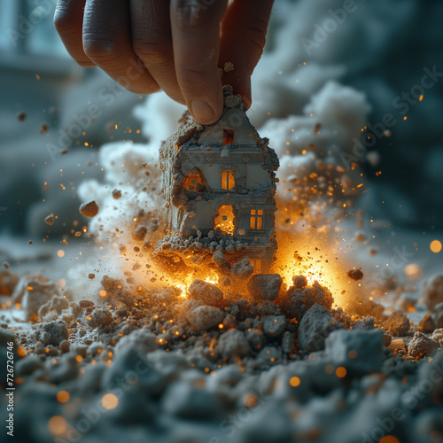 A man's hand destroys a house. Concept of demolition of housing and houses. Renovation old home and construction project. Tearing Down a Houses. photo