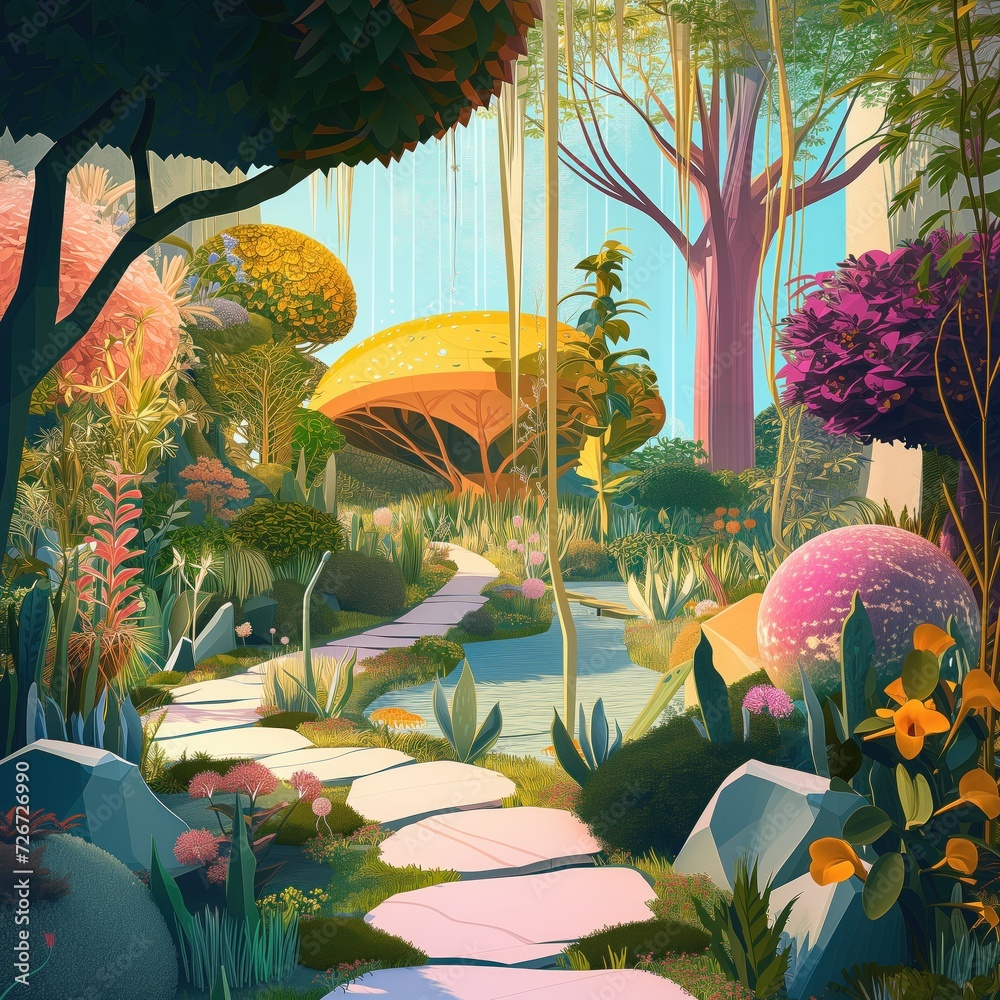 fantasy world exploration with a serene and colorful flora path