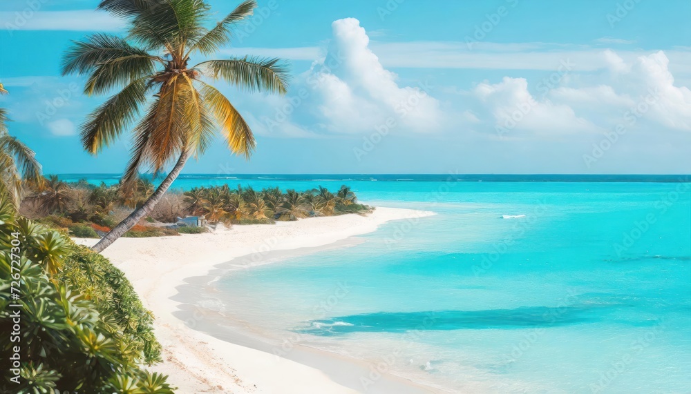 Beautiful beach with white sand, turquoise ocean, blue sky with clouds and palm tree over the water on a Sunny day. Maldives, perfect tropical landscape, wide format. Beautiful beach with white sand, turquoise ocean, blue sky with clouds and palm tree over the water on a Sunny day. Maldives, perfect tropical landscape, wide format.