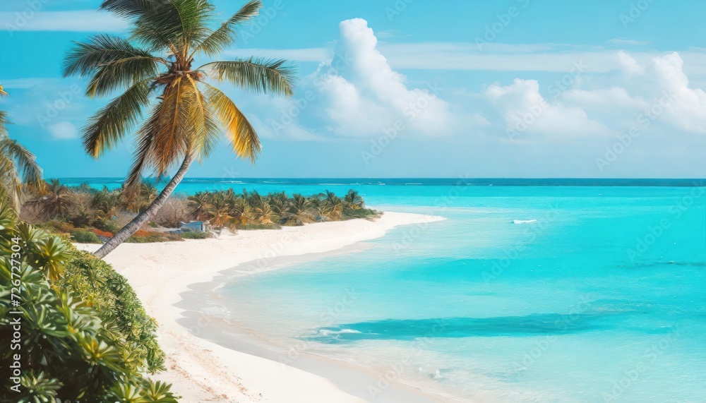 Beautiful beach with white sand, turquoise ocean, blue sky with clouds and palm tree over the water on a Sunny day. Maldives, perfect tropical landscape, wide format.