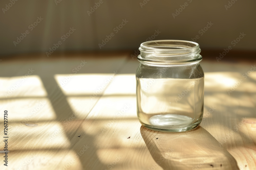 Plain glass jar on a light wooden table, soft shadow.