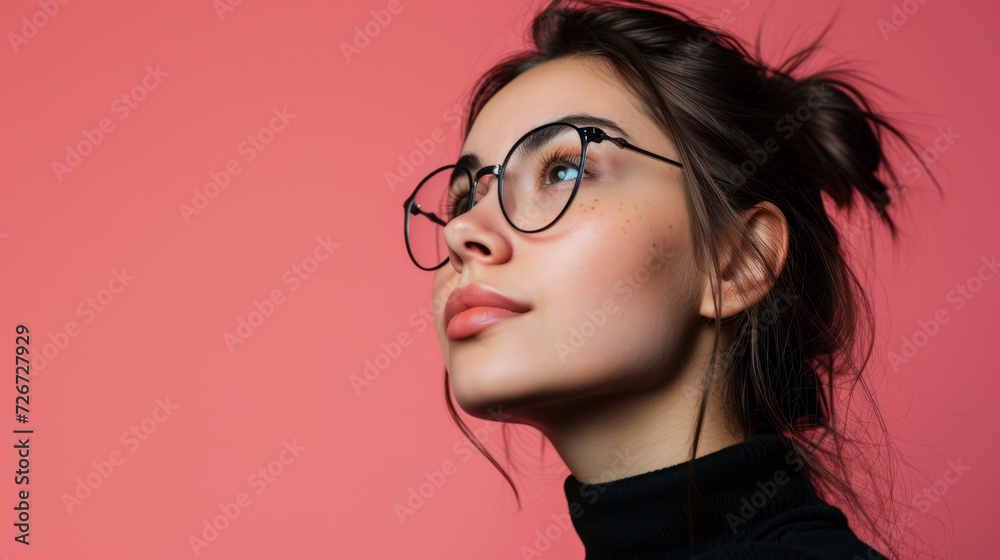 Fototapeta premium Close up Portrait of a female student against a pink studio background