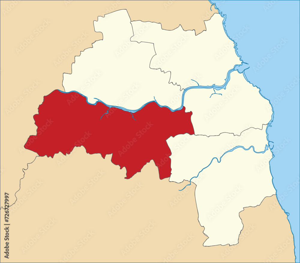 Red flat blank highlighted location map of the METROPOLITAN BOROUGH OF GATESHEAD inside beige administrative local authority districts map of Tyne and Wear, England