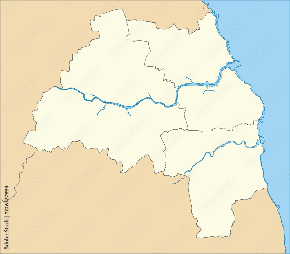 Beige flat vector metropolitan administrative map of TYNE AND WEAR, ENGLAND with black border lines and waterways of its local authority districts