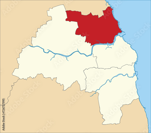 Red flat blank highlighted location map of the METROPOLITAN BOROUGH OF NORTH TYNESIDE inside beige administrative local authority districts map of Tyne and Wear  England
