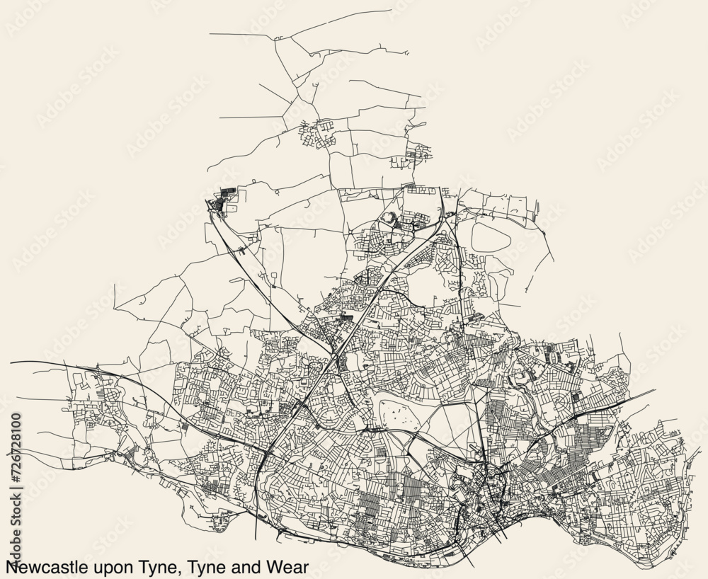 Naklejka premium Street roads map of the METROPOLITAN BOROUGH AND CITY OF NEWCASTLE UPON TYNE, TYNE AND WEAR
