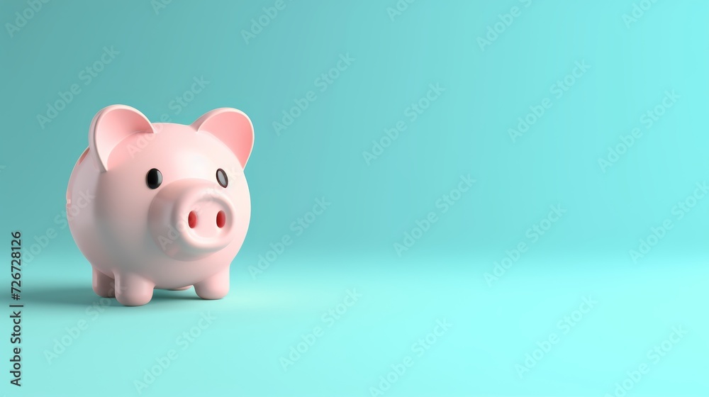 Piggy bank on blue background with copy space. 3D rendering - Generative AI
