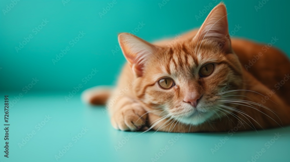 Cute ginger cat lying on turquoise background, selective focus - Generative AI Cute ginger cat lying on turquoise background, selective focus - Generative AI