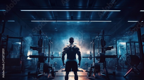 A focused, fit man lifts weights in a gym, showcasing strength and dedication to his fitness routine. Muscles flex with each controlled movement, embodying a commitment to well-being.