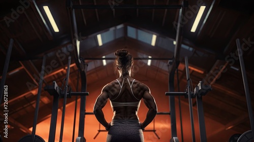 A focused, fit woman lifts weights in a gym, showcasing strength and dedication to his fitness routine. Muscles flex with each controlled movement, embodying a commitment to well-being