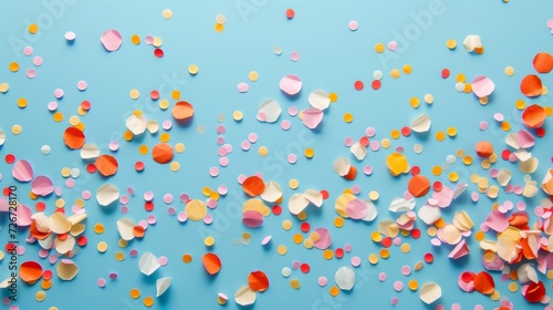 Colorful confetti on blue background. Flat lay, top view - Generative AI