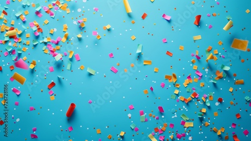 Colorful confetti on blue background. Festive vector illustration. - Generative AI