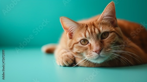 Cute ginger cat lying on turquoise background, selective focus - Generative AI © AlexandraRooss