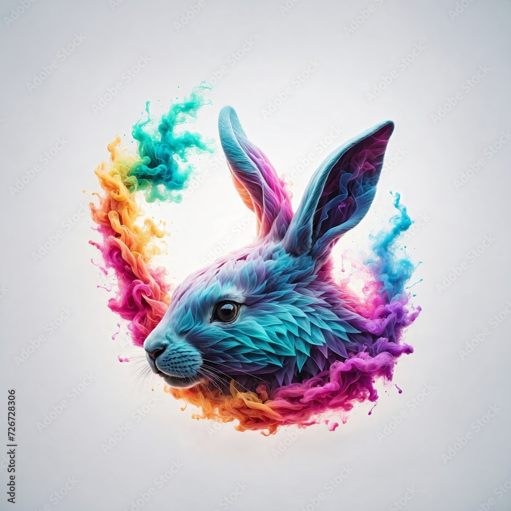Colorful Composition of an easter rabbit head and a colorpowder explosion. High quality easter logo. easter art. Generative AI.