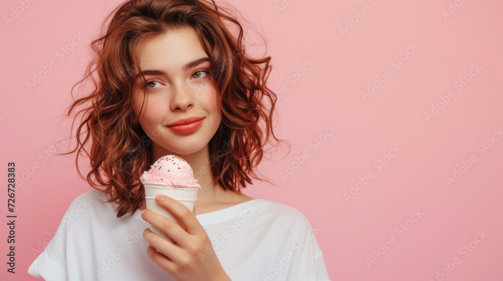 Portrait of a Young Woman holding a gelato on Pink Studio Background. Portrait of a Young Woman holding a gelato on Pink Studio Background.
