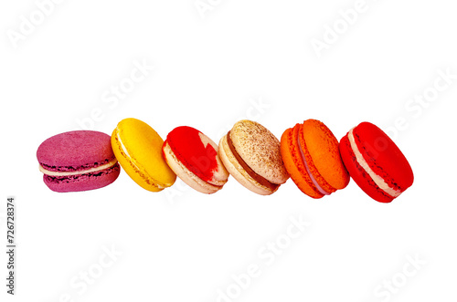 Bright macarons on a white background.