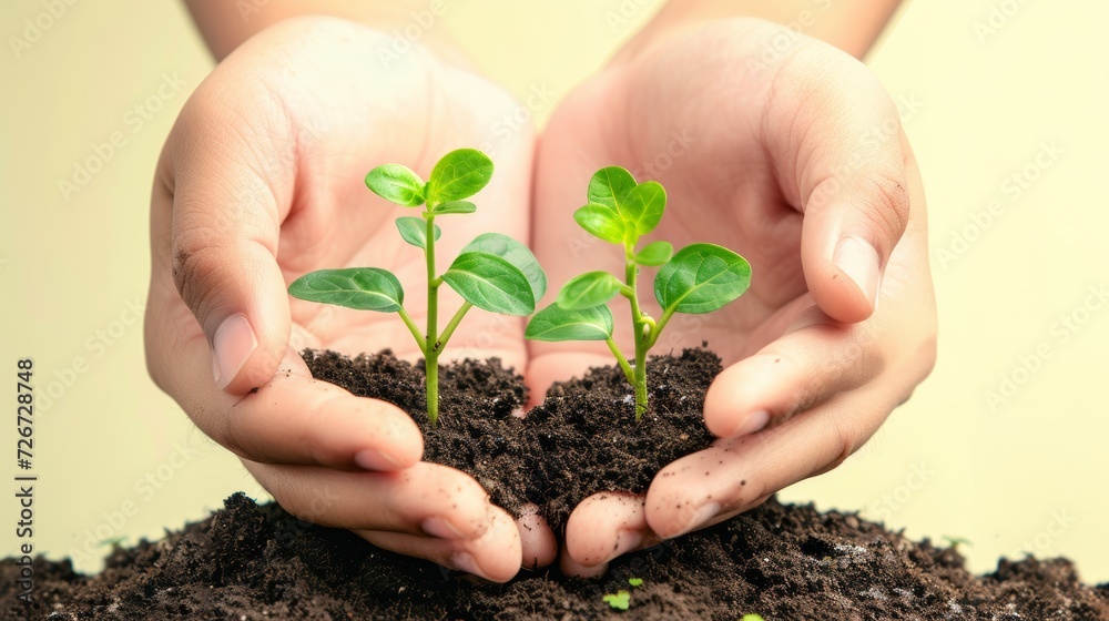 Hands holding green seedling illustrating concept of new life and environmental conservation - Generative AI Hands holding green seedling illustrating concept of new life and environmental conservation - Generative AI