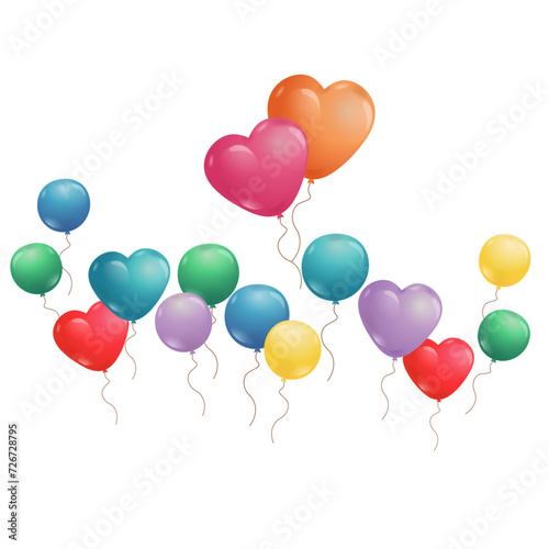 Heart shaped balloons. Bright balloons in cartoon flat style. Declaration of love. A set of multi-colored round and heart-shaped balls. Vector illustration on a white background. Cute illustration