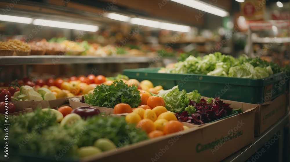 Delicious looking vegetables in a vegan or vegetarian supermarket or shop. Generative AI.