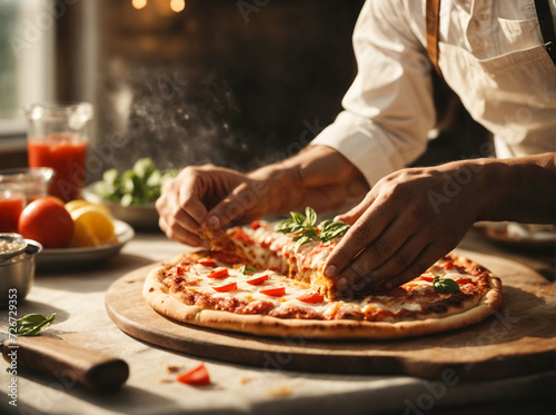 The process of making pizza. Closeup of chef baker in white uniform making pizza.
