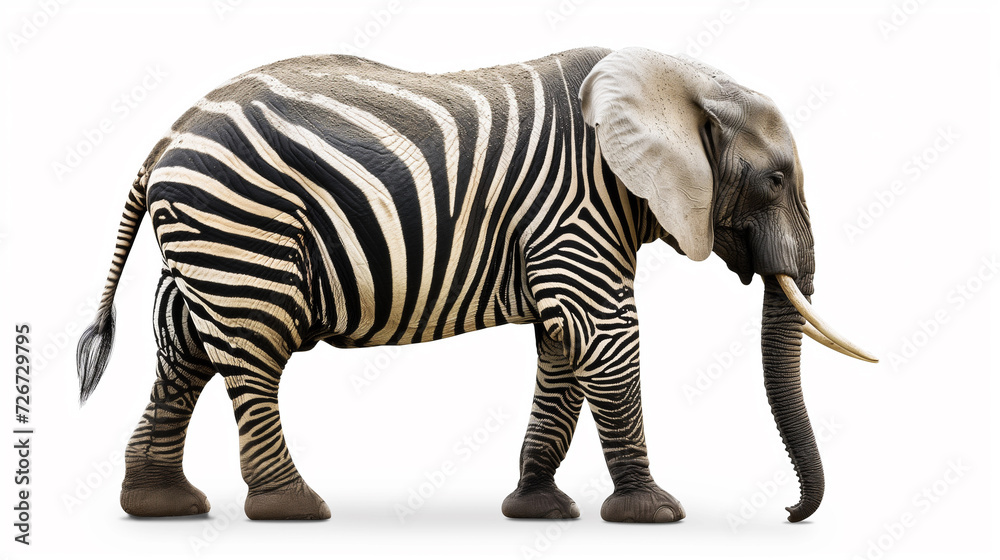 Fototapeta premium Different, Elephant with zebra stripes on a white background.