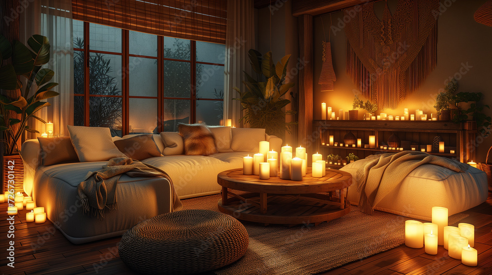 A warm and inviting living room filled with comfortable furniture and lit candles. Perfect for creating a relaxing atmosphere at home or in a spa