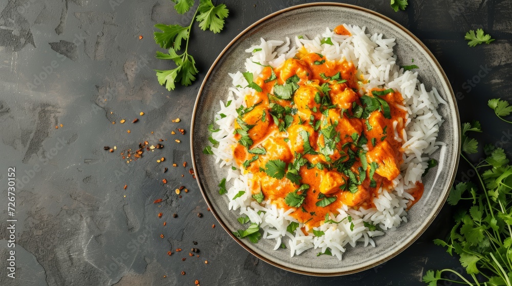 Chicken tikka masala with basmati rice and parsley on a dark background - Generative AI