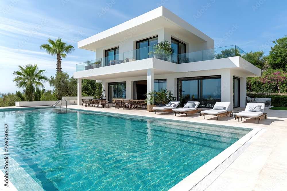 Modern white cement villa with pool, two floors and mountain views, Mediterranean style.