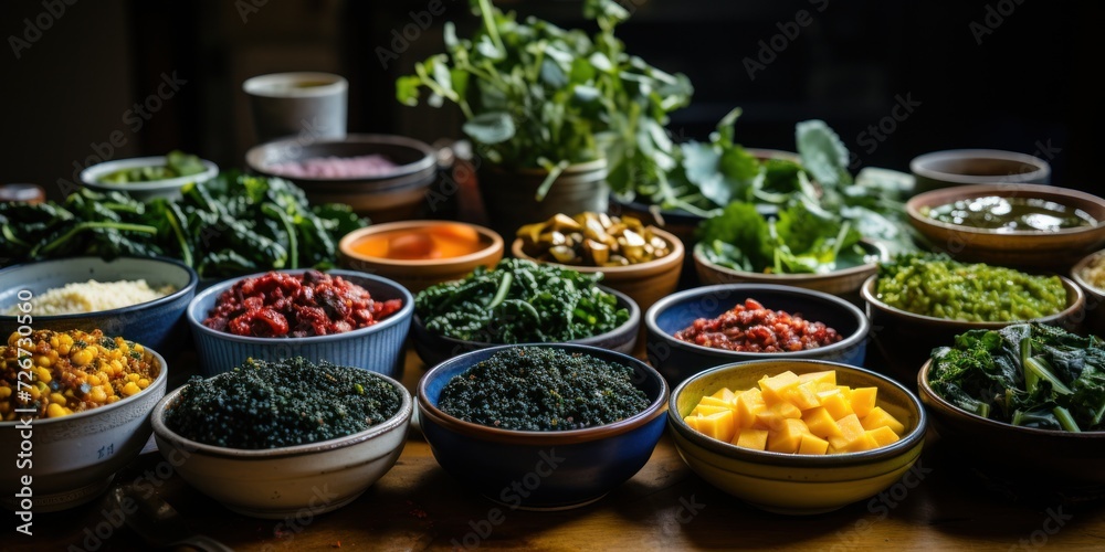 Diverse array of vegetarian ingredients, bathed in natural light on a rustic table