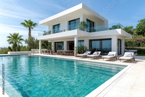 Modern white cement villa with pool, two floors and mountain views, Mediterranean style.