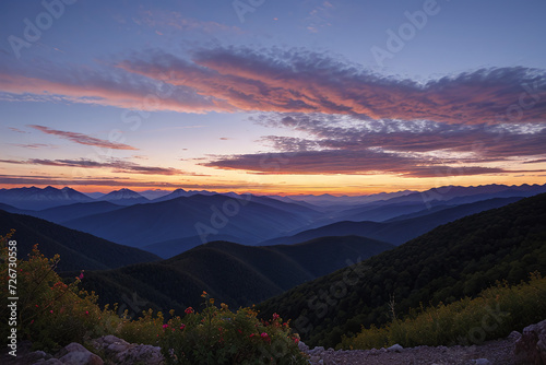 Beautiful sunset sky in the clouds on top of forested mountains © Unnamed  Bird